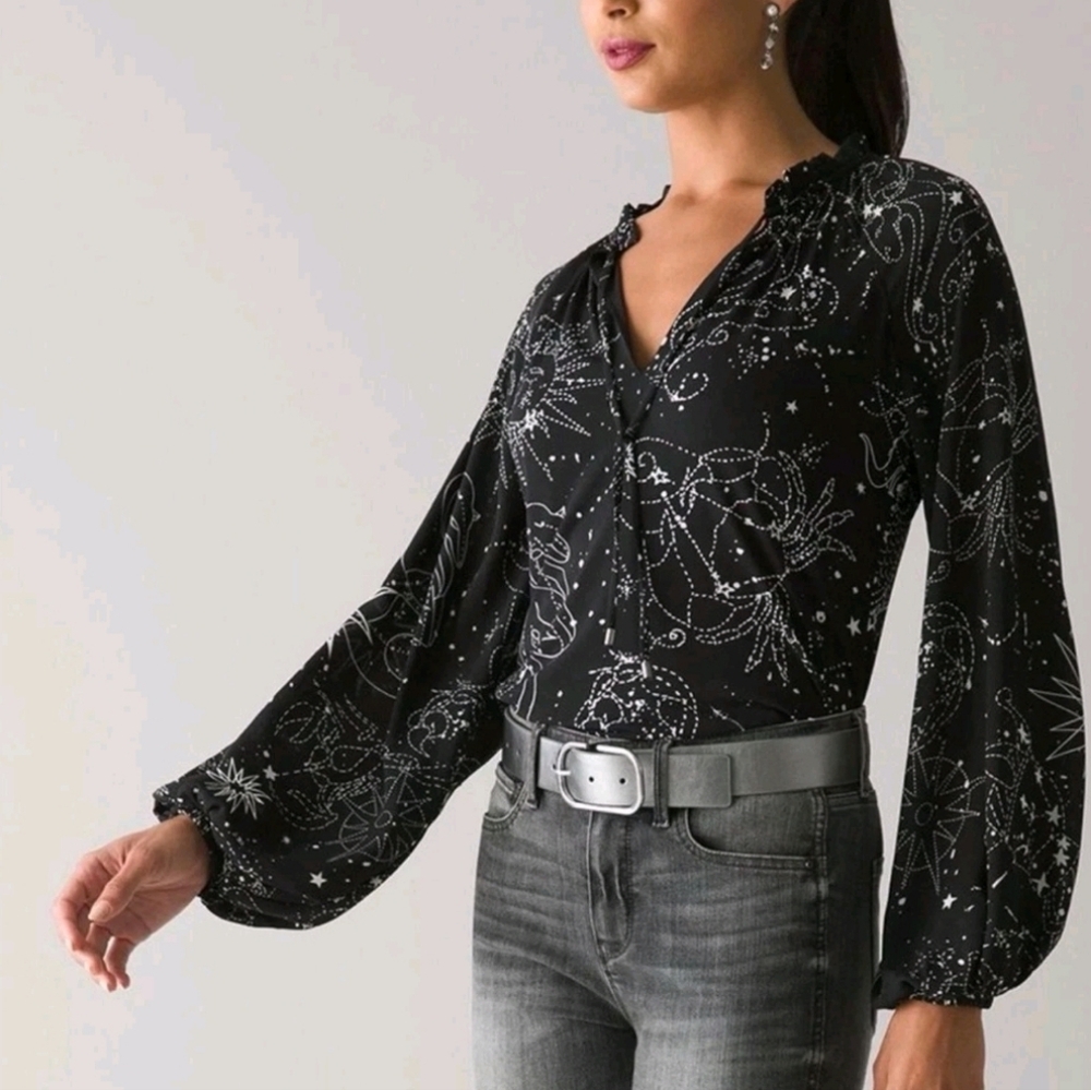 White House Black Market Black Constellation Print Long Sleeve Blouse